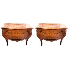 Pair of Louis XV Style Marble-Top Bombe Commodes or Nightstand Chests