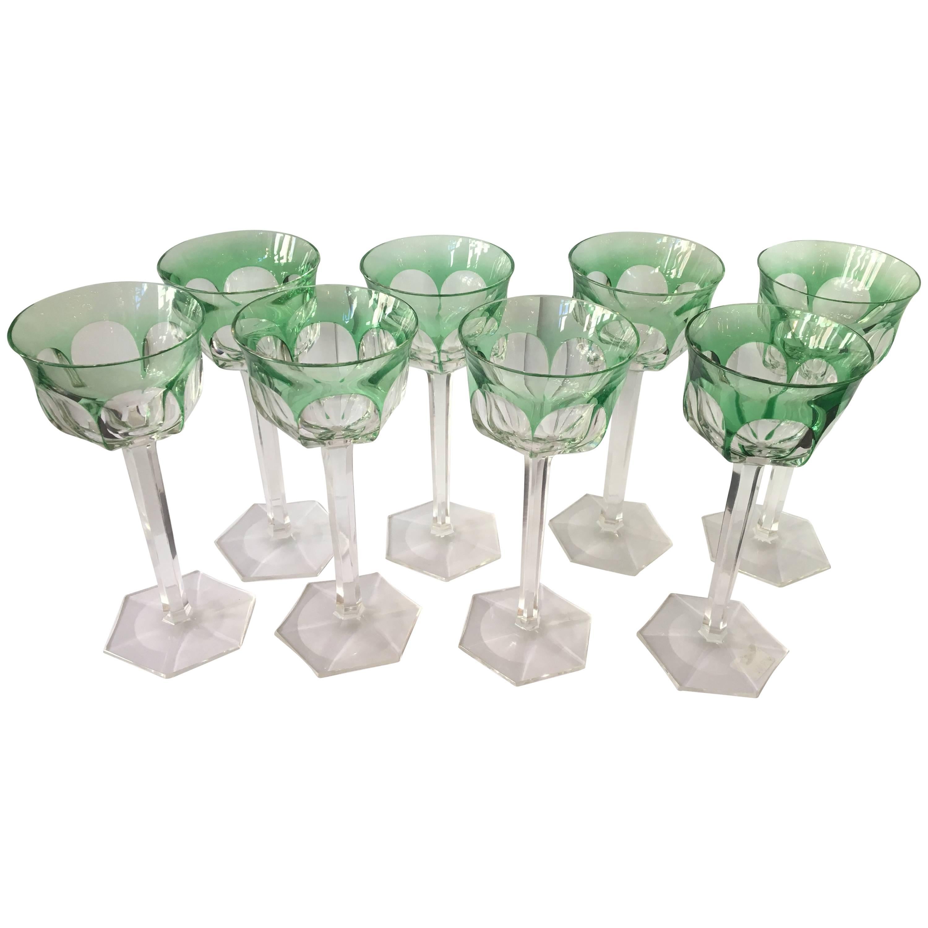 Set of Eight Osram Val Saint Lambert Green Wine Glasses