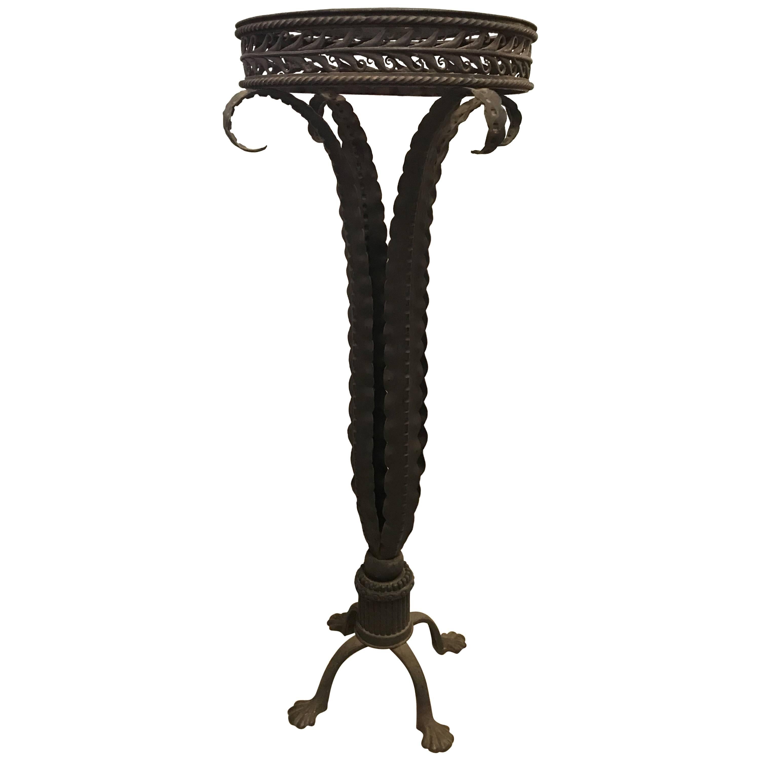 Neoclassical Plume Leg Wrought Iron Antique Pedestal, Indoor / Outdoor Use