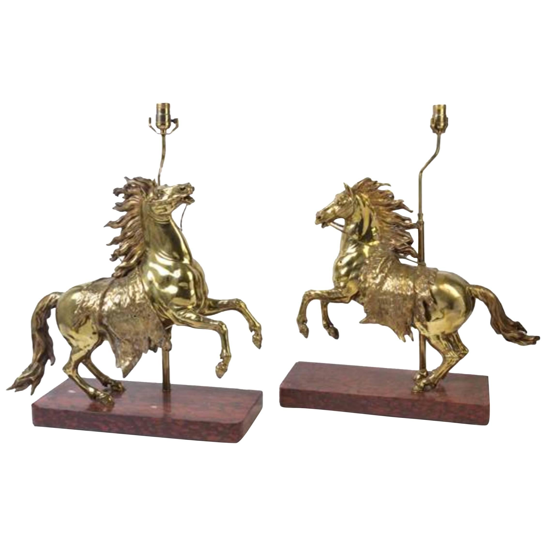 Pair of Gilt Bronze Horses Mounted as Lamps