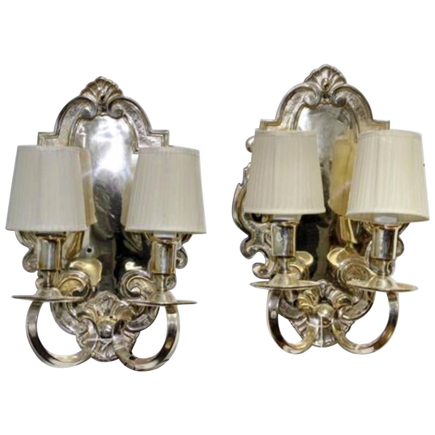 Pair of Baroque Style Silver-Plated Metal Two-Light Wall Sconces For Sale