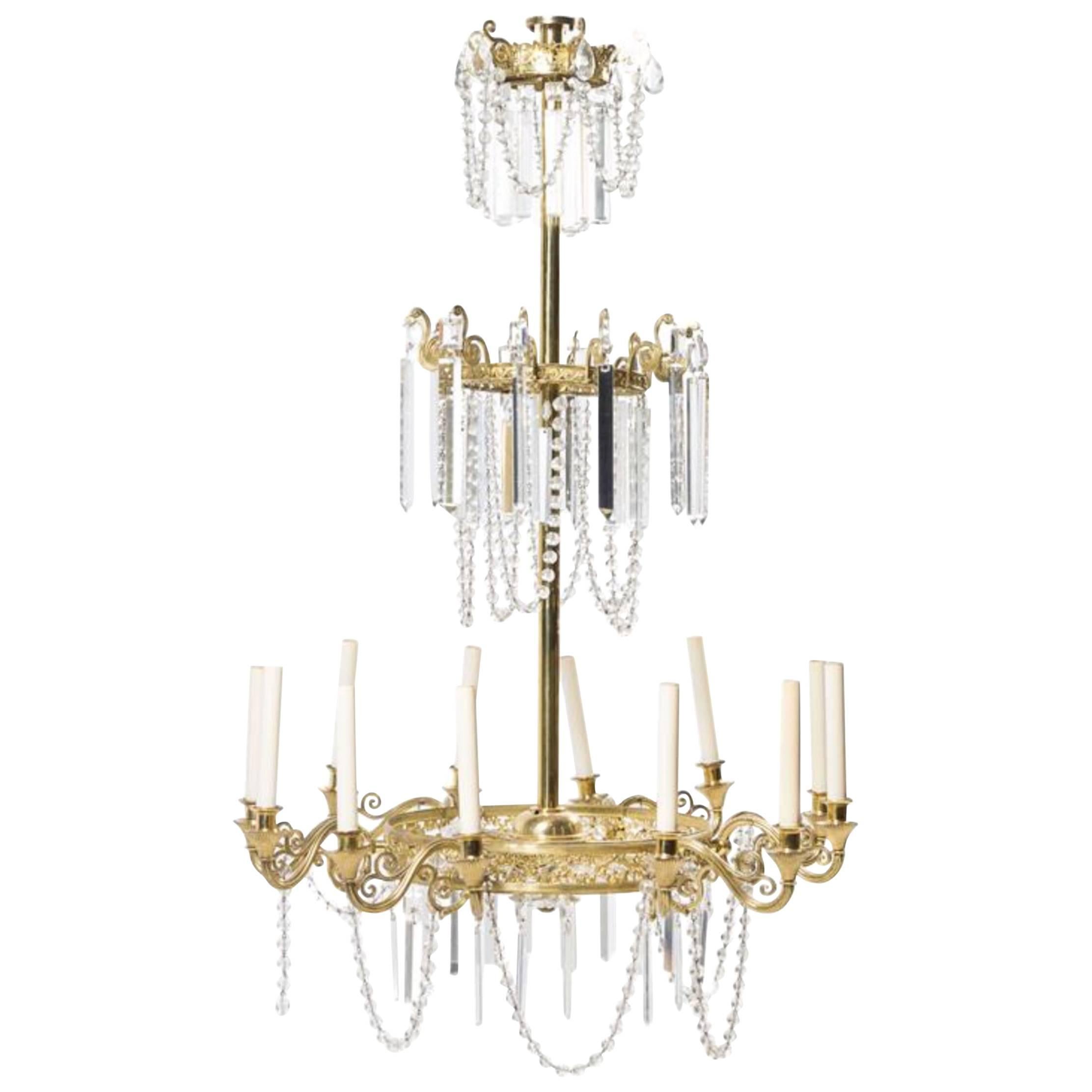 Neoclassical Style Gilt Bronze Twelve-Light Crystal Chandelier.  Great scale. For Sale
