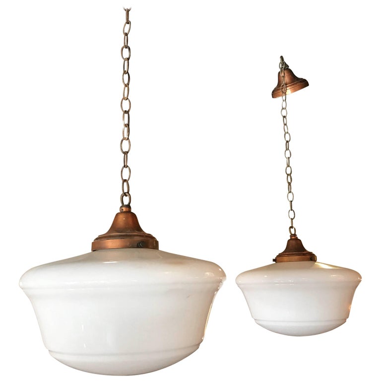 Art Deco Milk Gl And Copper Schoolhouse Pendant Lights Art Deco Milk Gl And Copper Schoolhouse Pendant Lights