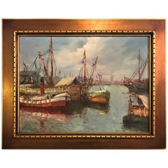 Oil on Canvas Painting of Boats Signed A Valdez Fishing Boats at the Dock