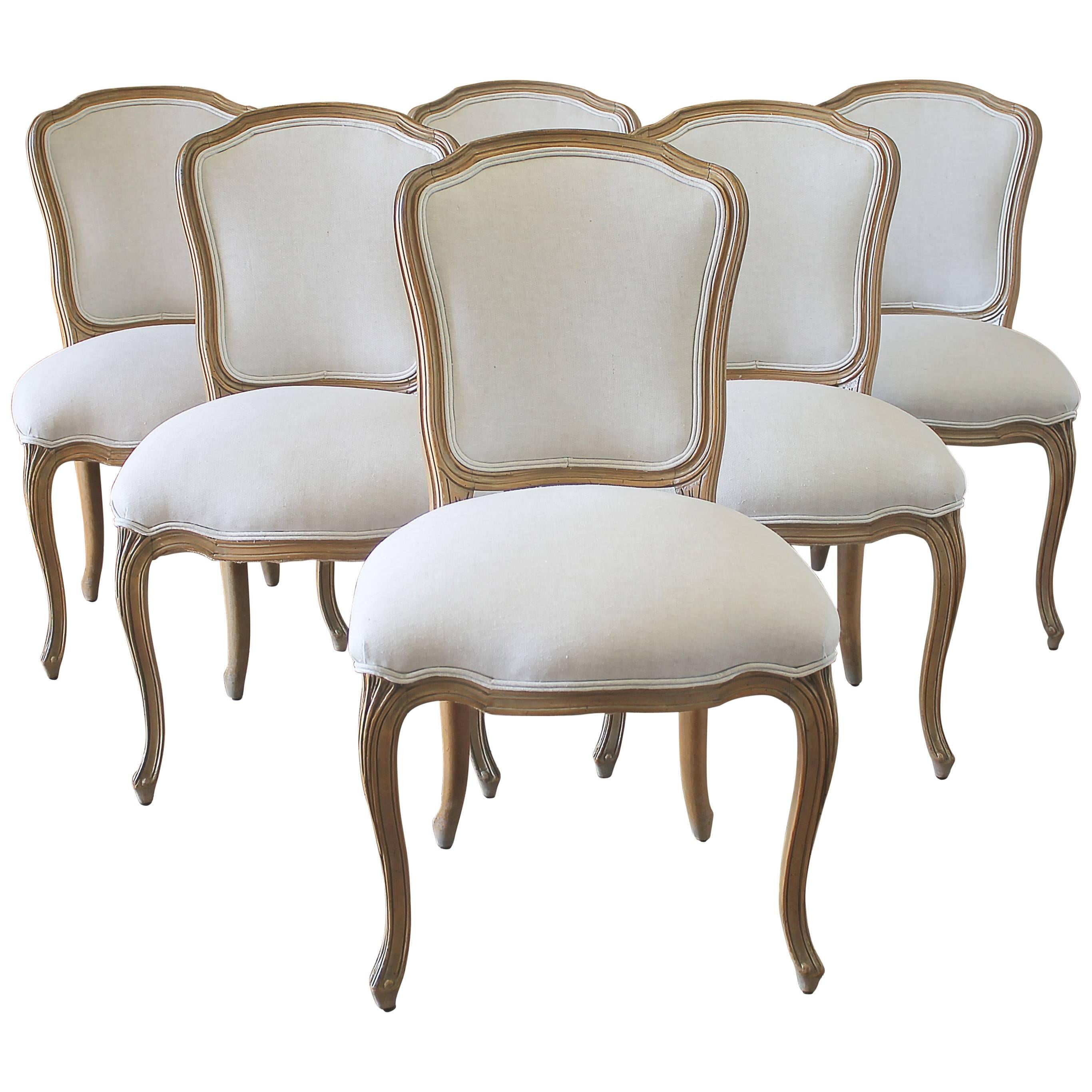 Set of Six Wood Louis XV Style Dining Chairs in Natural Belgian Linen