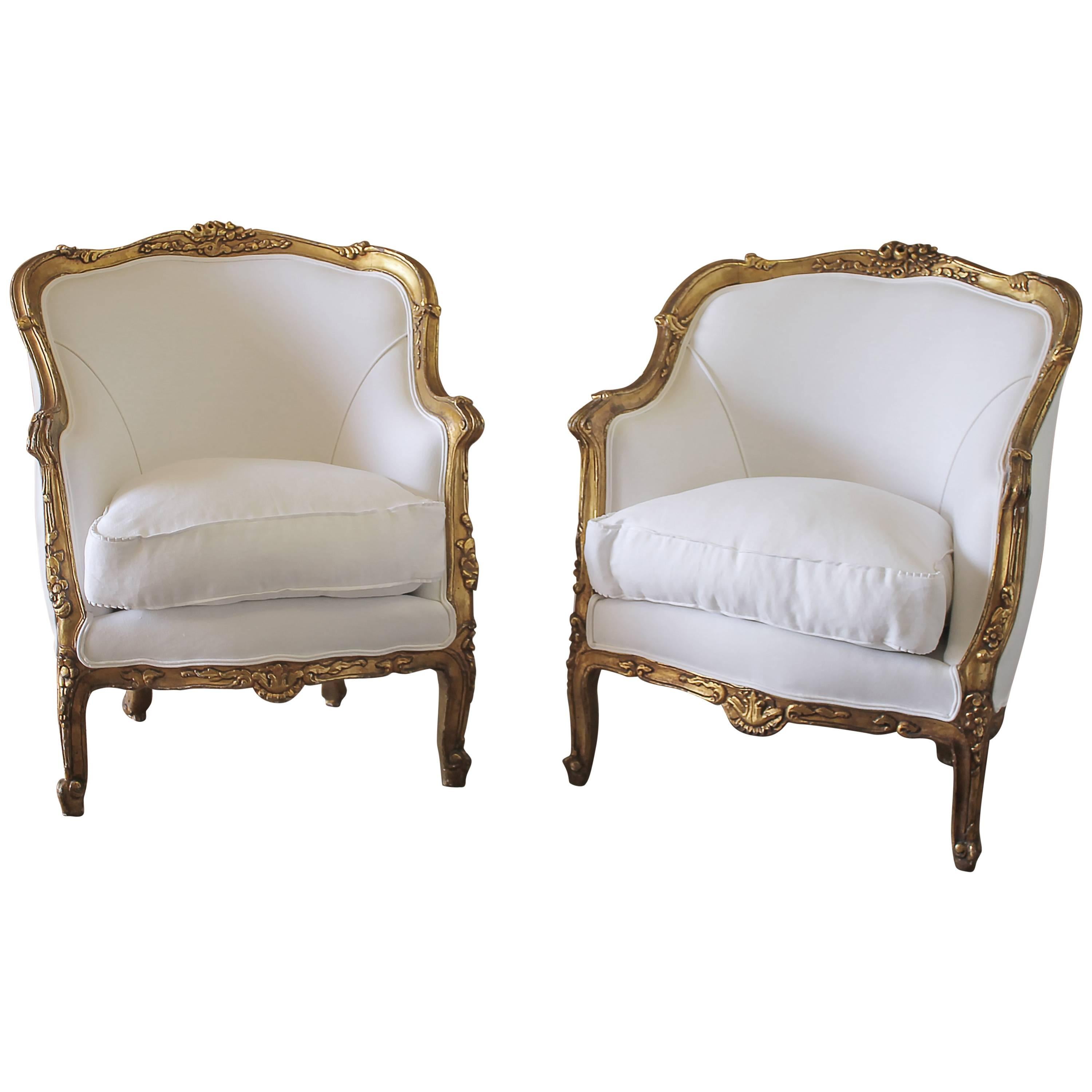 20th Century Giltwood Carved Bergere Chairs in White Belgian Linen