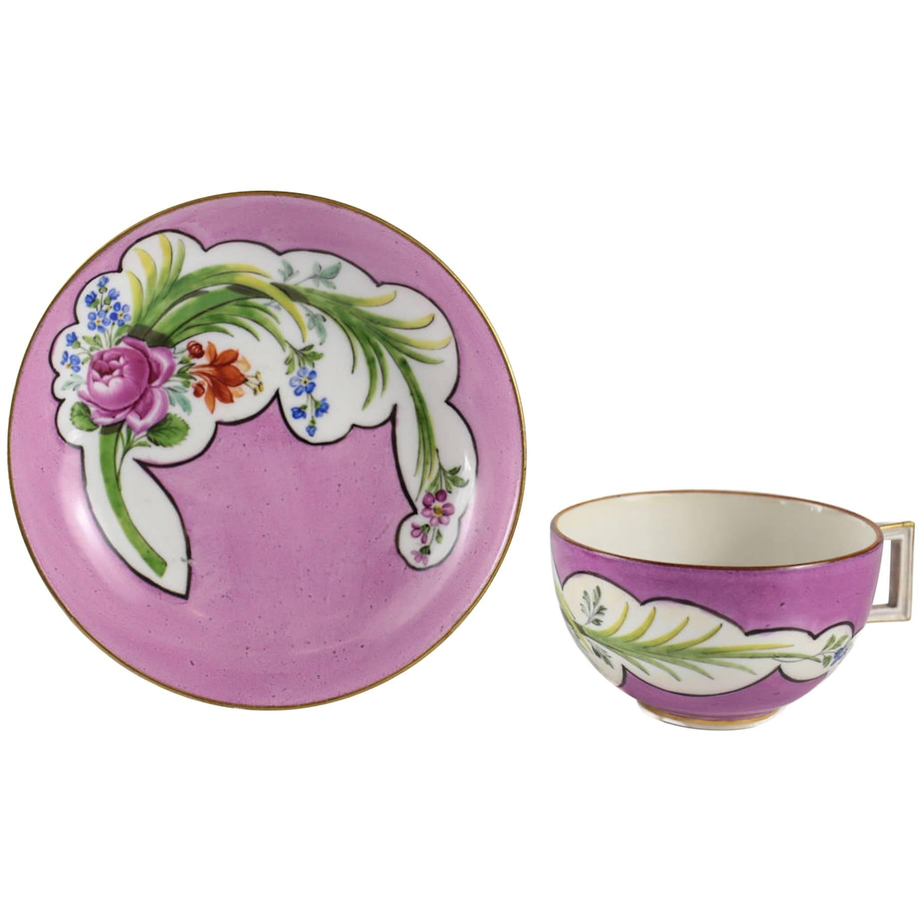 Meissen Marcolini Porcelain Cup and Saucer Hand-Painted Pink Rose, circa 1800 For Sale