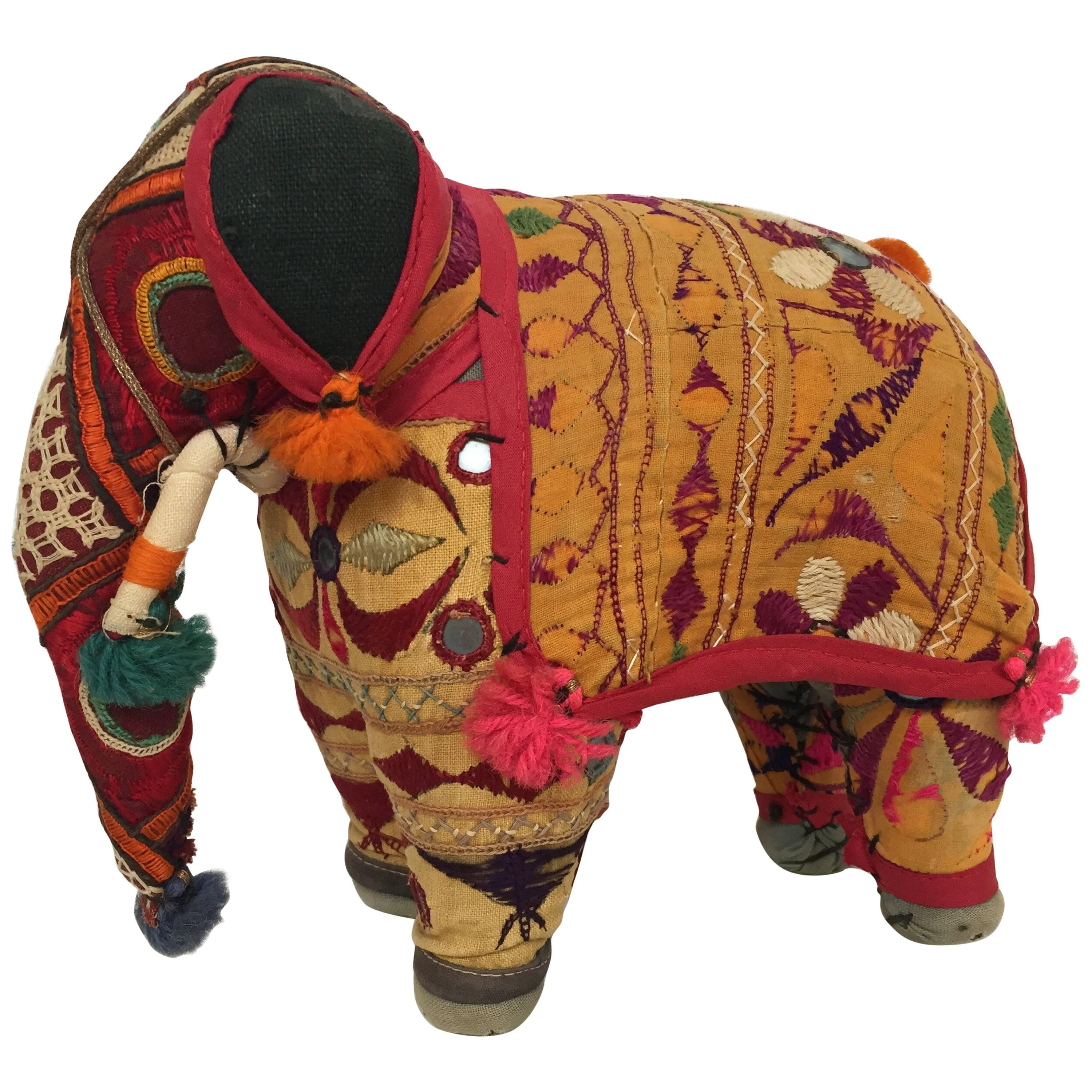 Hand-Crafted Anglo Raj Vintage Stuffed Cotton Embroidered Elephant, India 1950