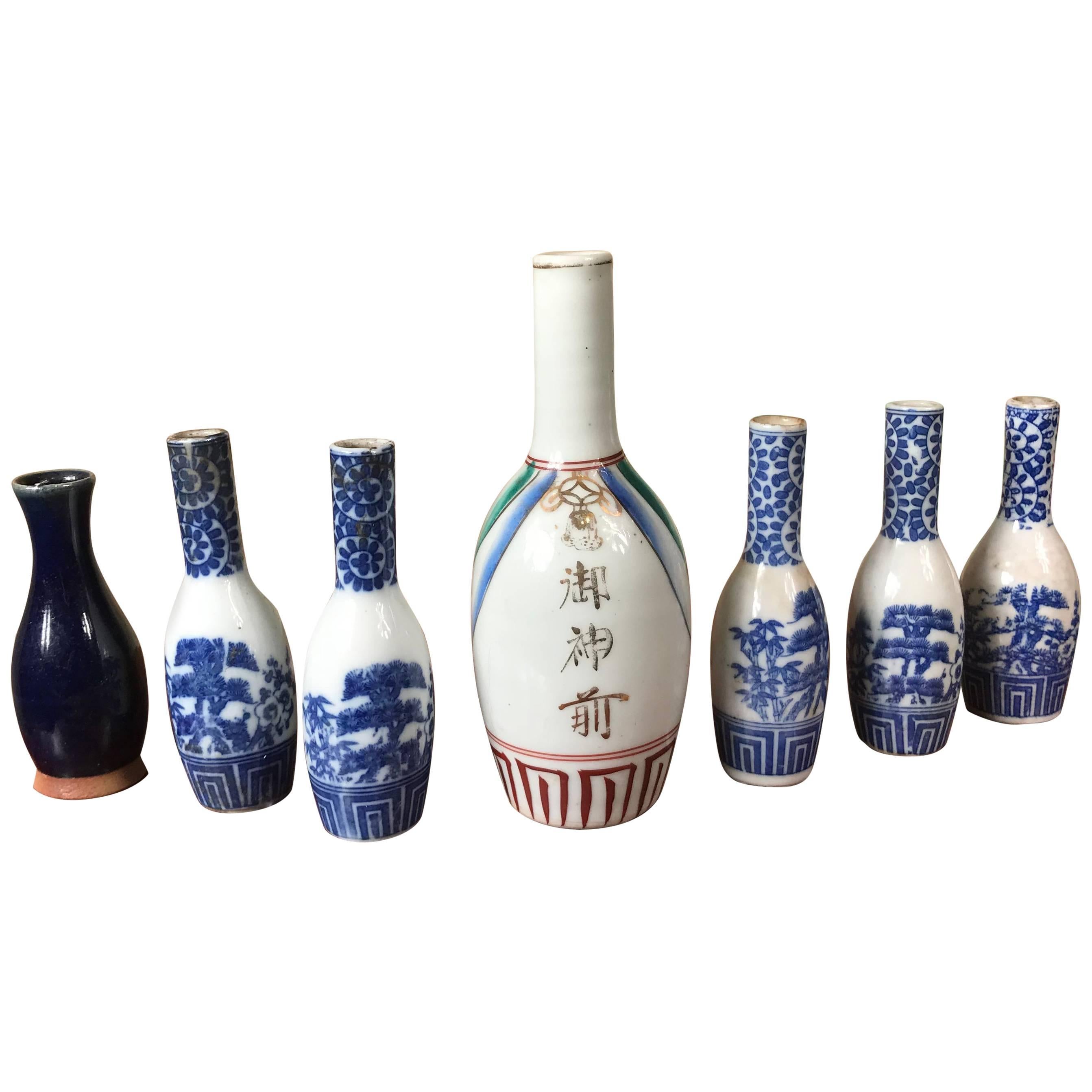 Japanese Antique Hand-Painted Ceramic Sake Bottles Collection, 19th Century