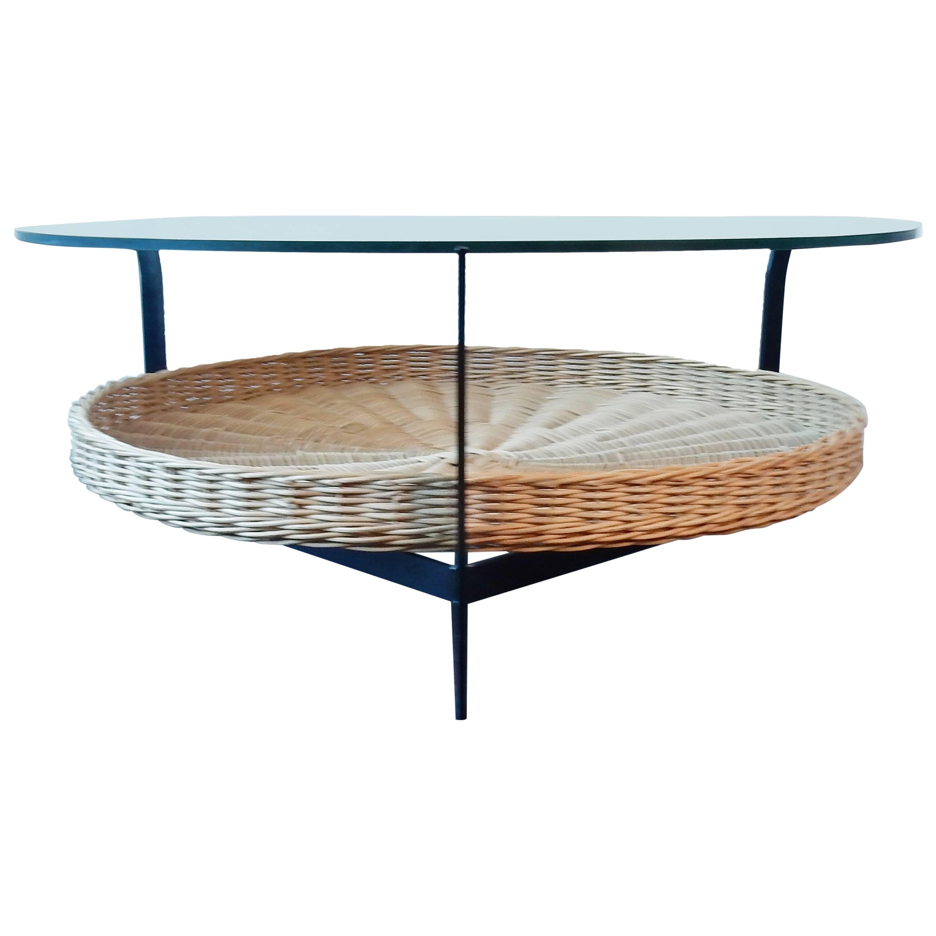 Coffee Table of Metal Frame with Wicker Basket and Hung Safety Glass Top, 1960s