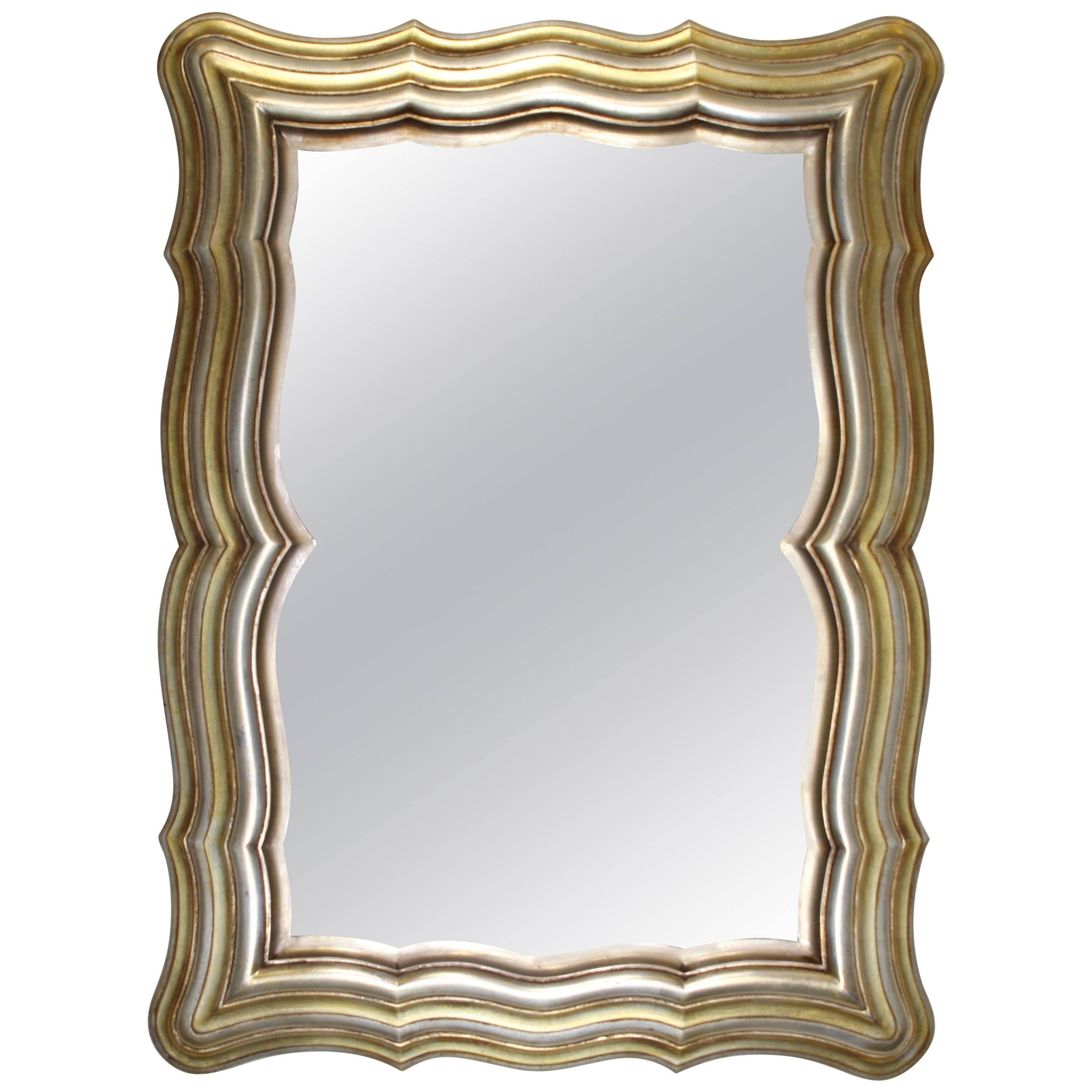 Italian Silver and Gold Gilt Hand Carved Scalloped Wood Mirror, 1950