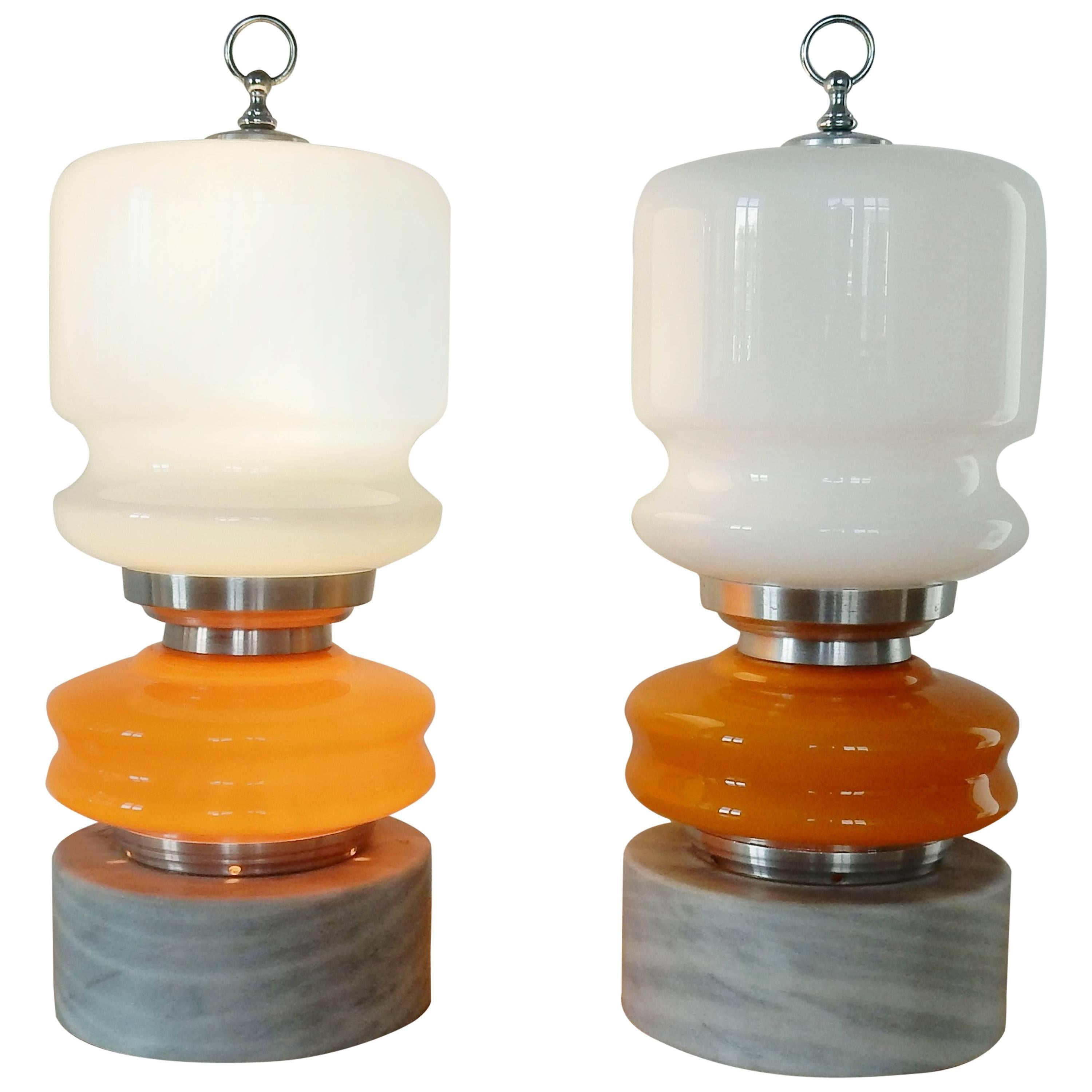 Two Large Orange and White Glass Table Lamps on Stone Pedestal, 60's/70's