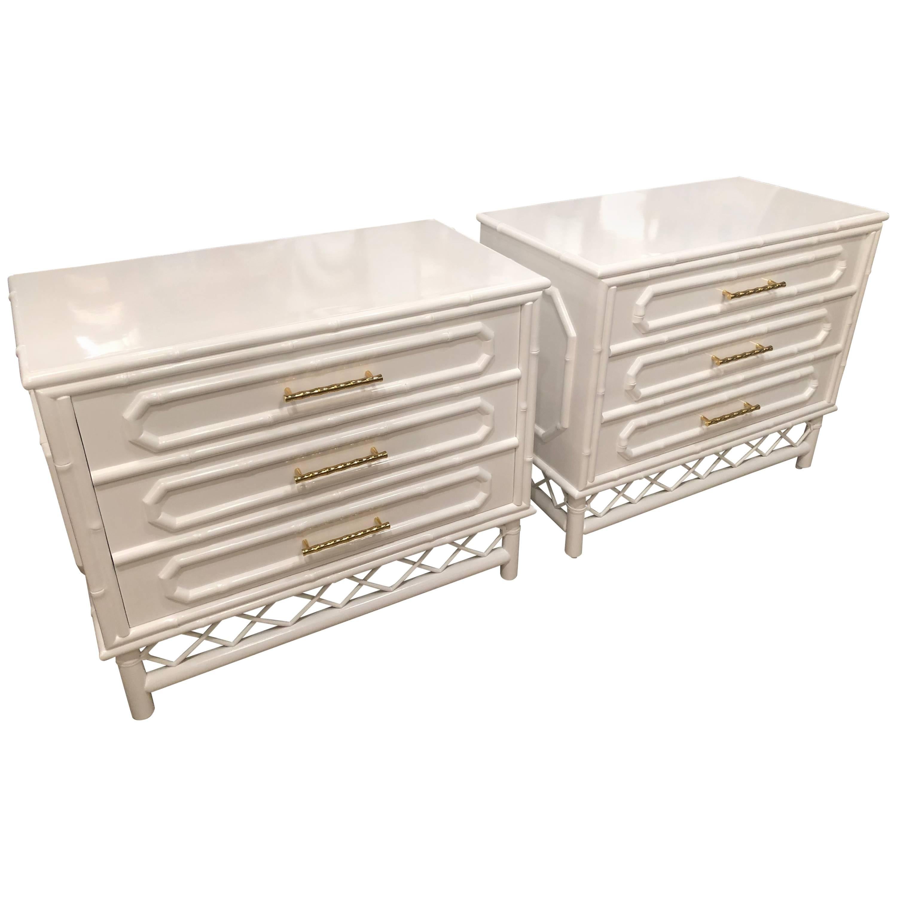 White Lacquered Pair Faux Bamboo Chests Nightstands Chinese Chippendale Brass