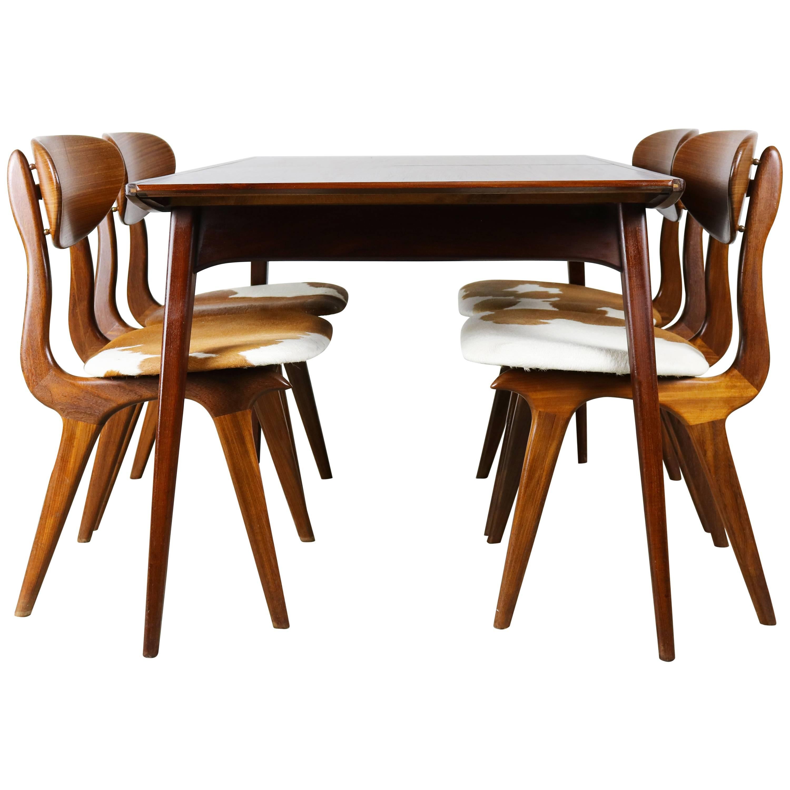 Dining Room Set by Louis Van Teeffelen for Webe 1950 Teak, Cow Leather, Brown