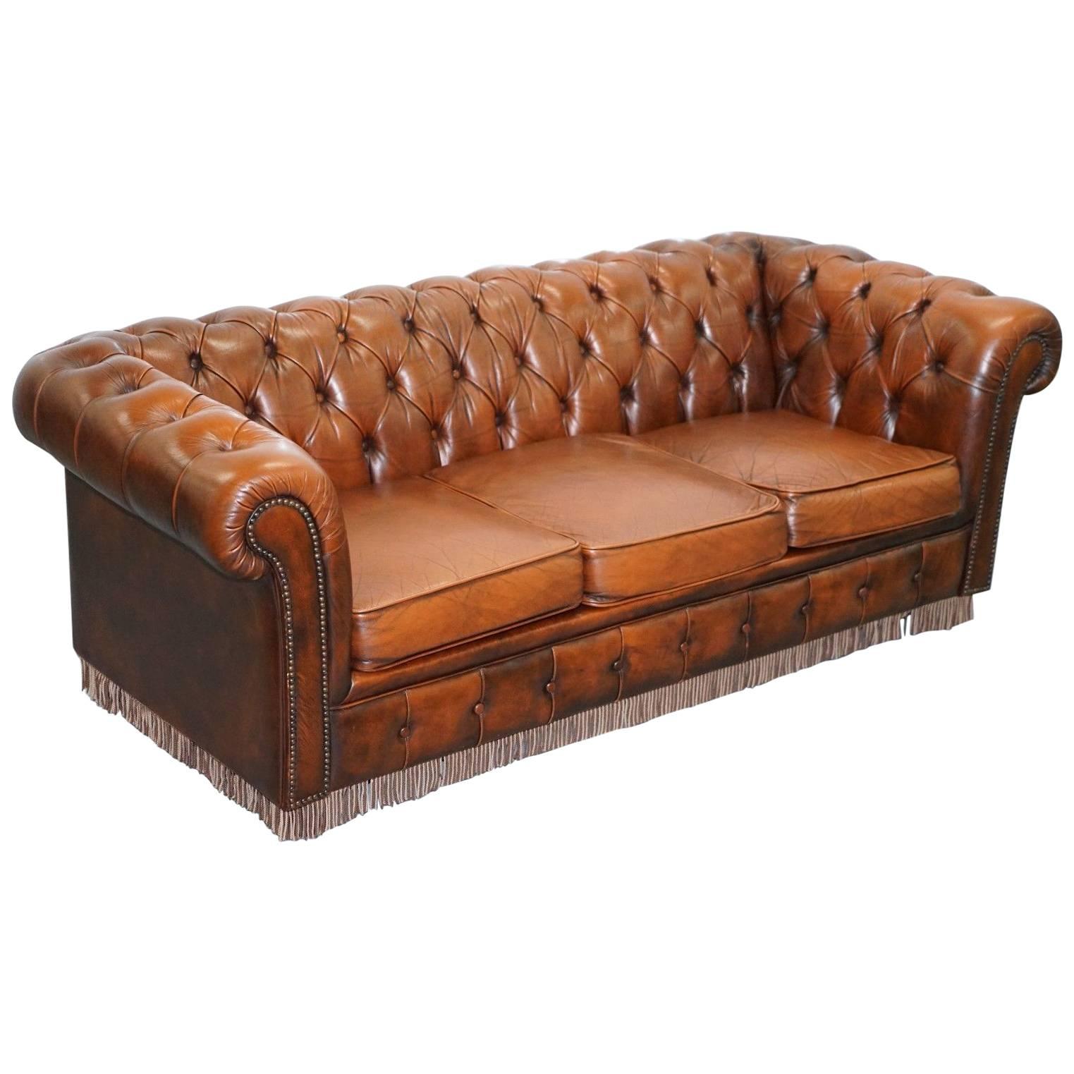 Original Vintage Hand-Dyed Aged Brown Leather Chesterfield Sofabed Rare Find