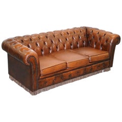 Original Retro Hand-Dyed Aged Brown Leather Chesterfield Sofabed Rare Find