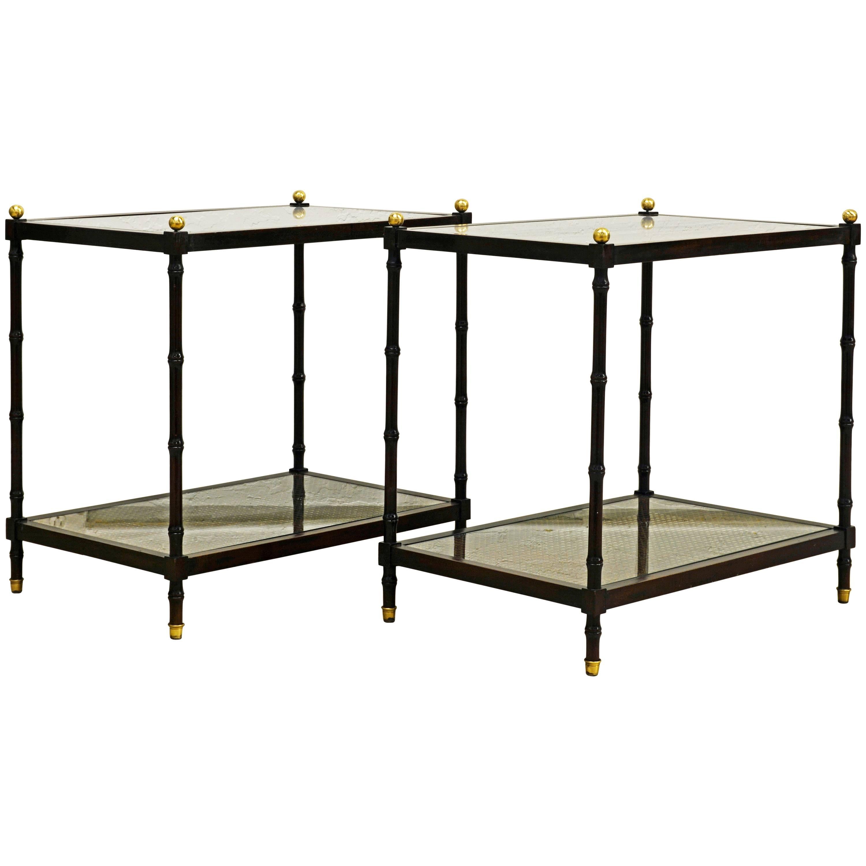 Pair of Regency Style Faux Bamboo Glass and Canetop Tables with Brass Finials