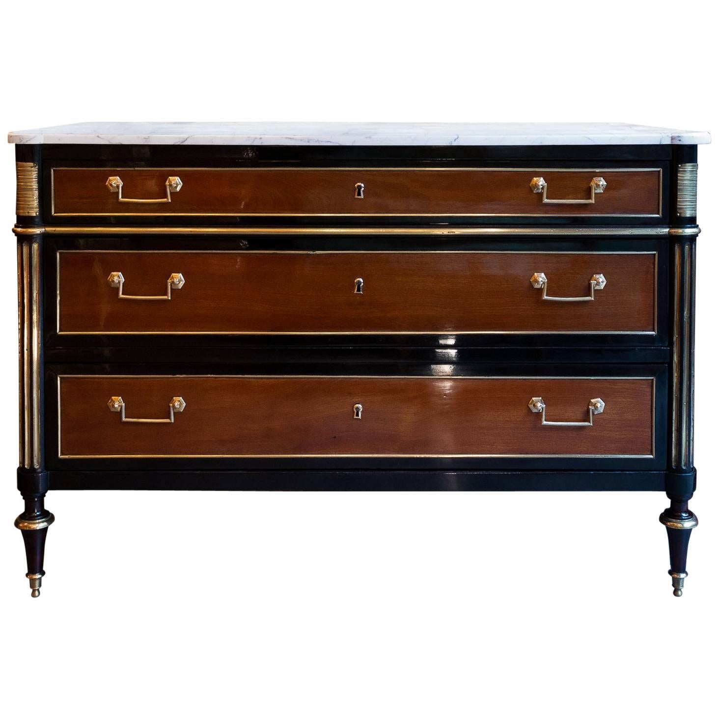 French Louis XVI Period Mahogany and Ebonized Mahogany Marble-Top Commode