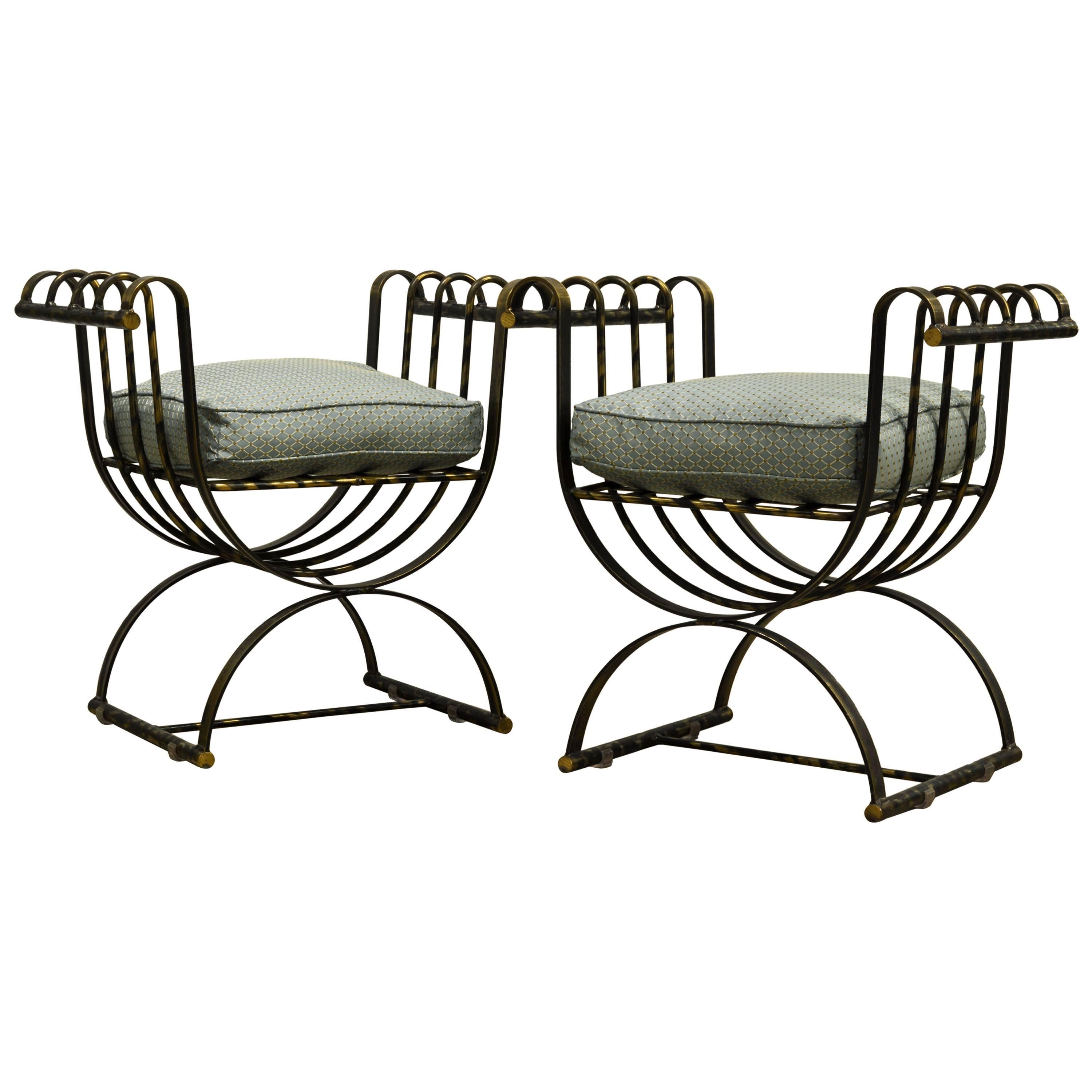 Pair of Classical Style steel patinated  Curule' Chairs with a Modern Twist