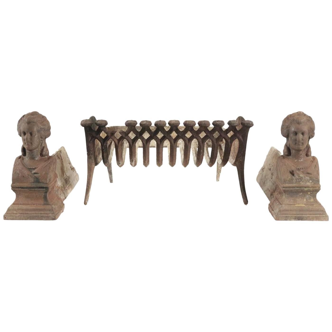 Pair of Fireplace Dogs and Fire Log Holder