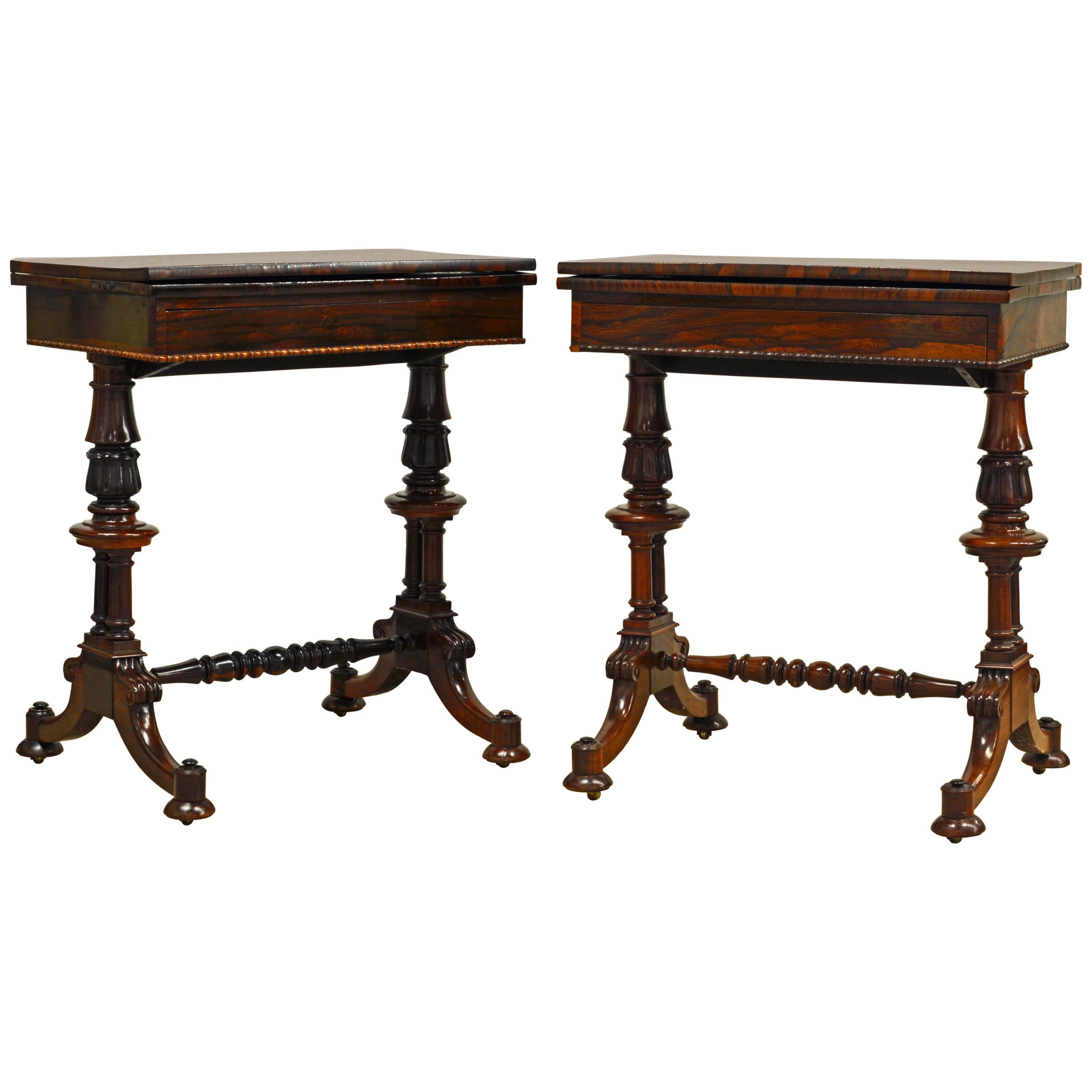 Rare Pair of Superior William IV Rosewood Twin Pedestal One Drawer Game Tables