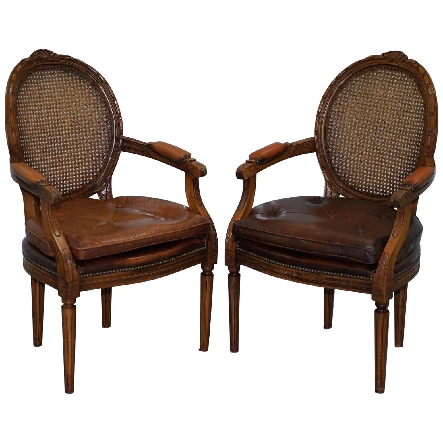 Pair of Vintage Dutch Handmade Brown Leather and Rattan Occasional Armchairs