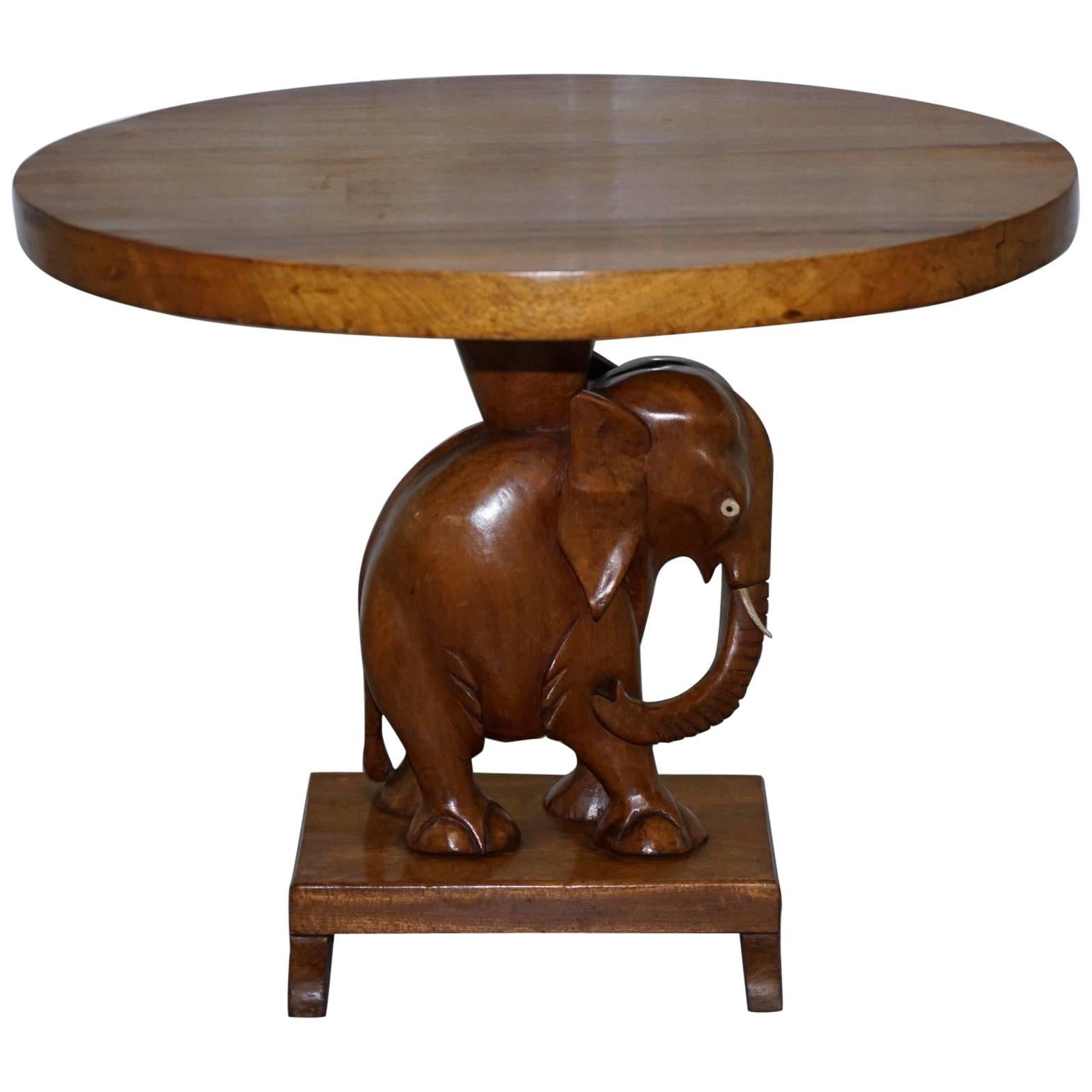 Nice Solid Teak Hand-Carved Chinese Elephant Side End Lamp Wine Table Nice Find