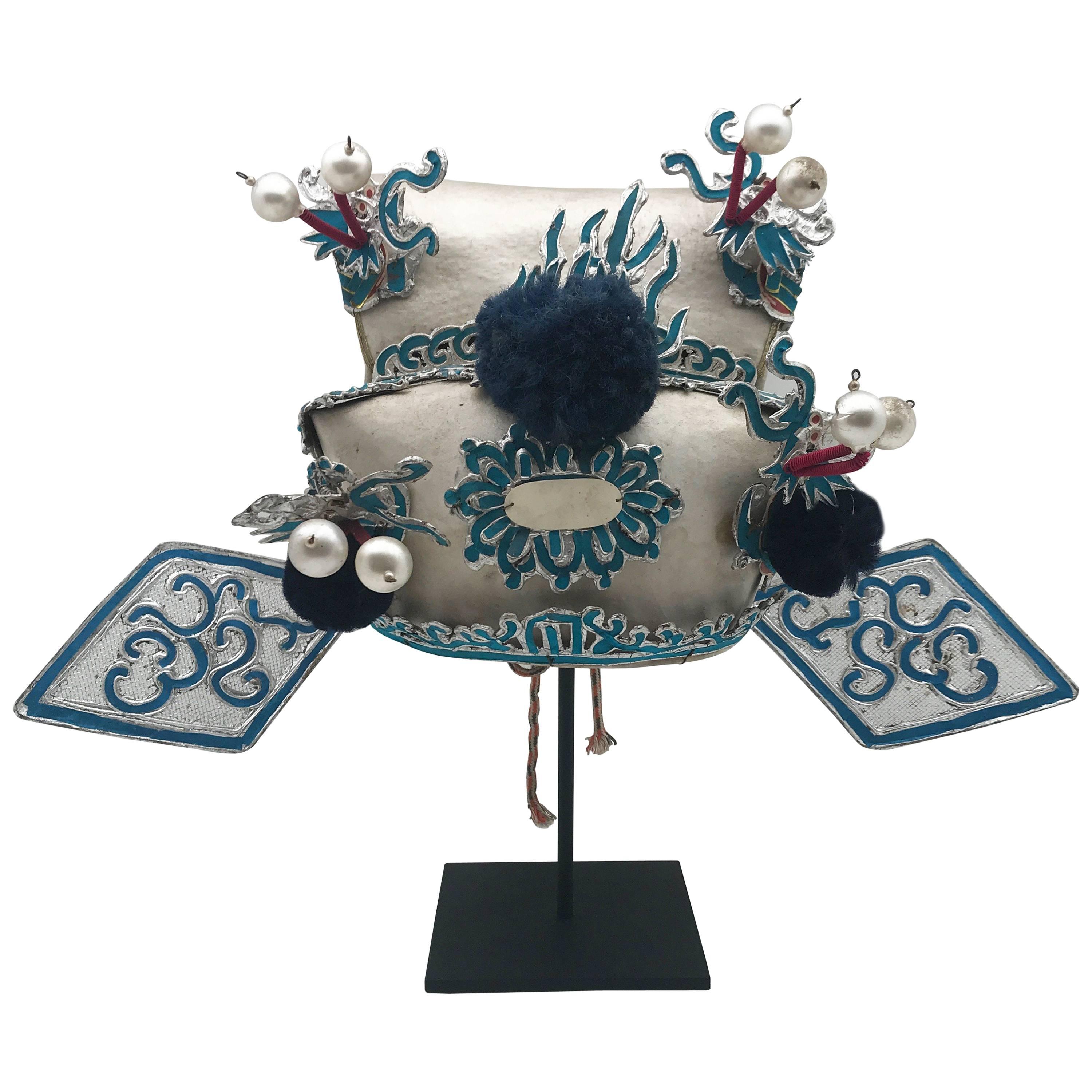 Vintage Chinese Opera Theatre Headdress in Turquoise with Midnight Blue Pom Poms
