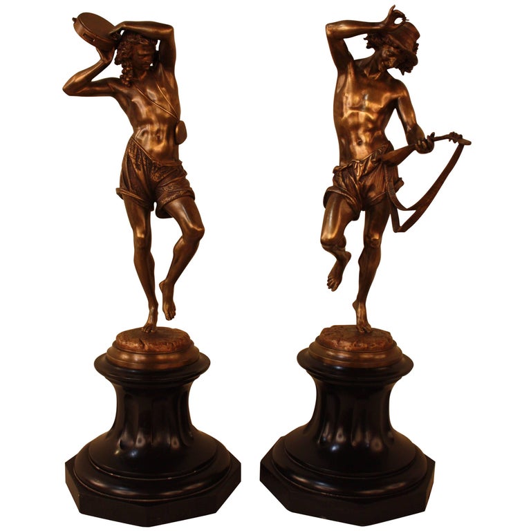 Pair of Bronze Danseur Napolitain Au Luth & Danseur Napolitain Au Tambourin For Sale