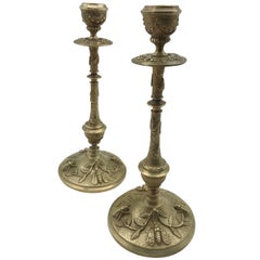 Antique Late 19th Century Bronze Candle Holders with Unusual Insect and Leaf Decoration
