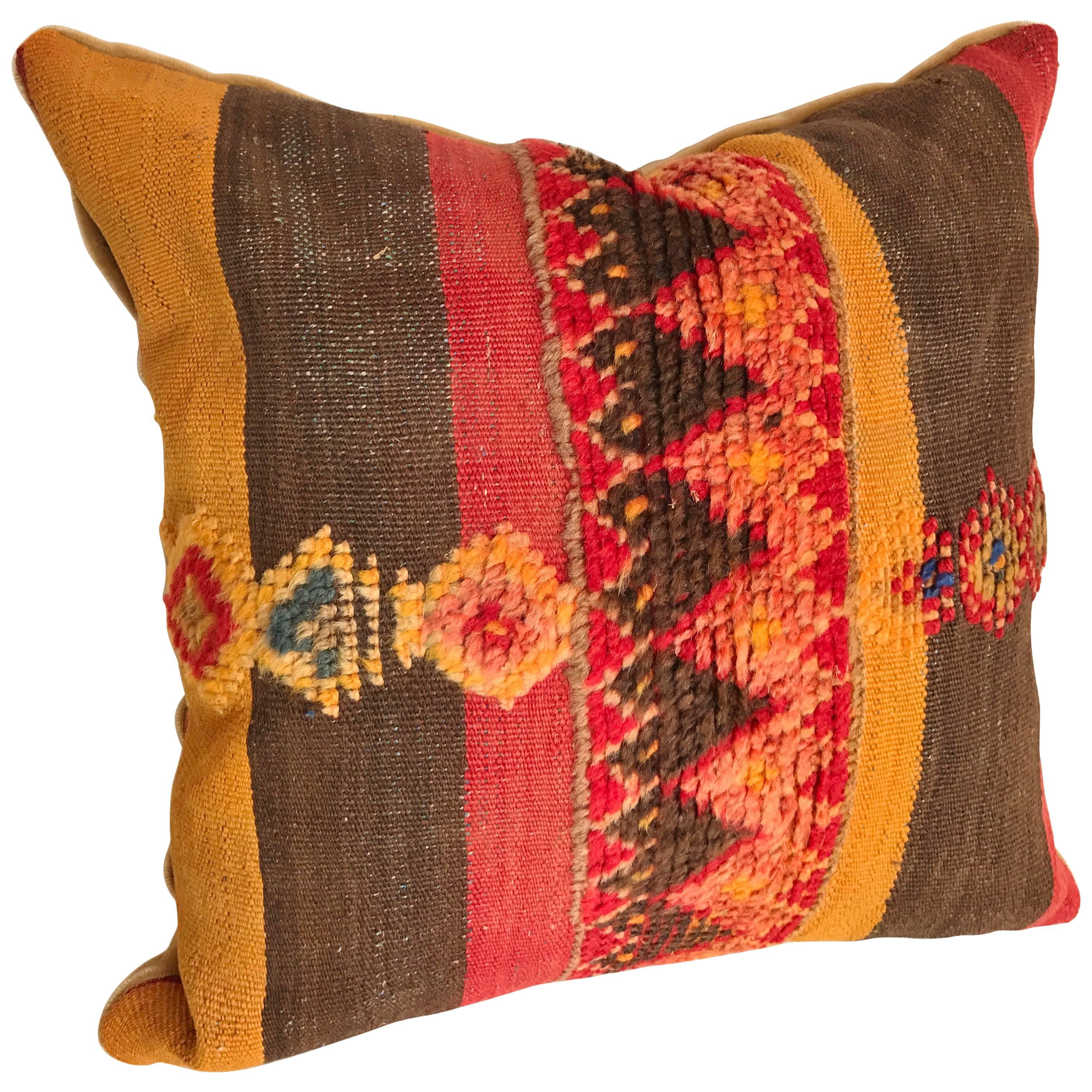Custom Moroccan Hand Loomed Wool Pillow Cut from a Vintage Berber Rug For Sale