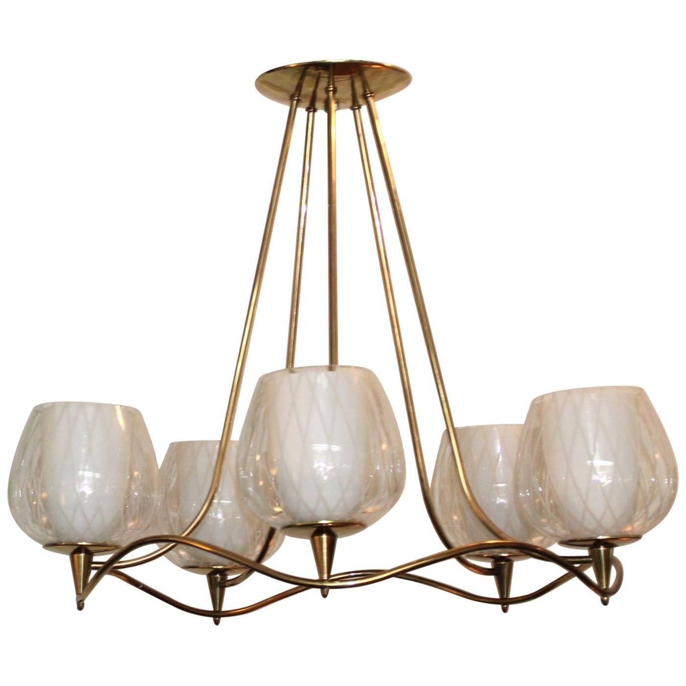 Lightolier Brass and Glass Chandelier