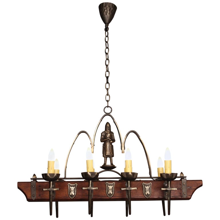 Antique 1930s Spanish Revival Wood And Iron Eight Light Chandelier With Knight At 1stdibs Antique 1930s Spanish Revival Wood And, 1930s Spanish Revival Chandelier
