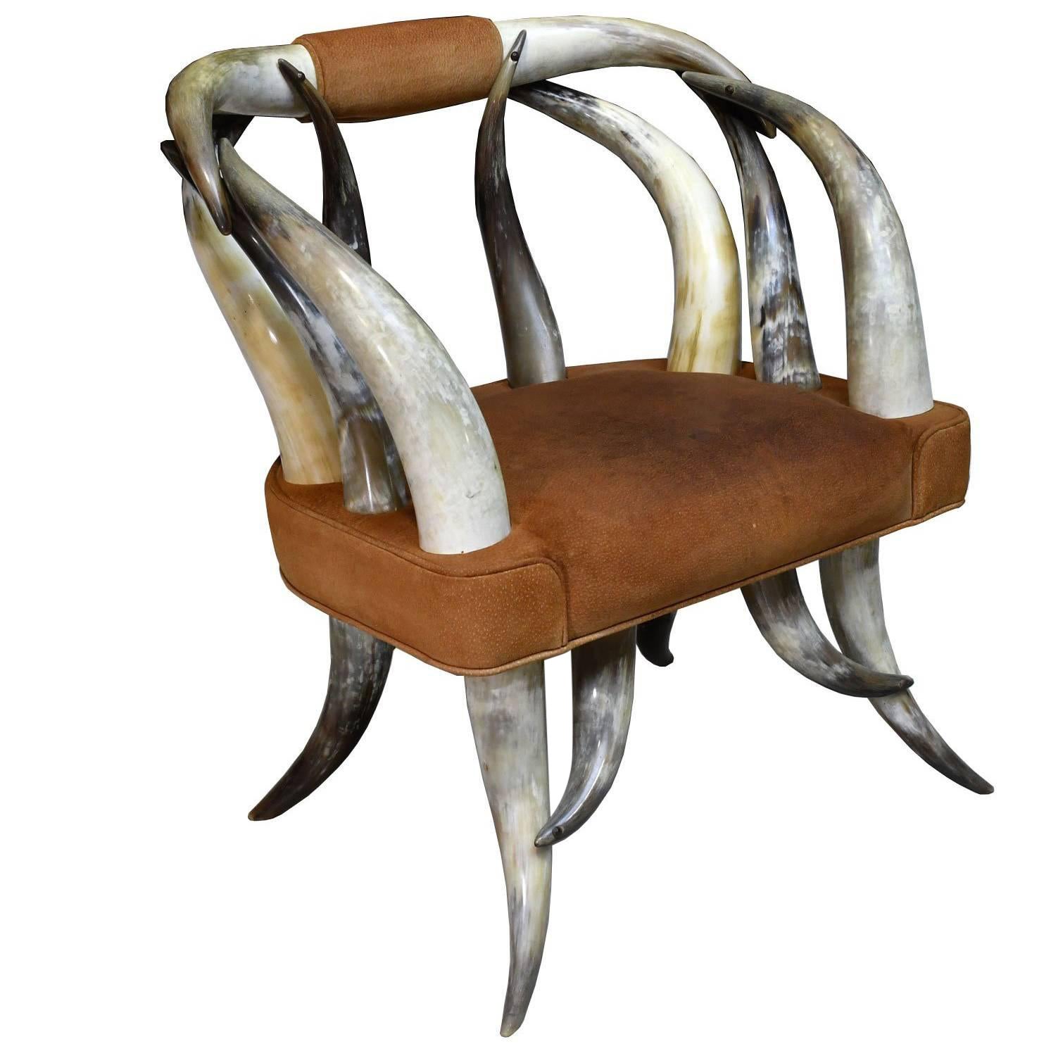 Rustikaler amerikanischer Long-Horn-Stier-Stuhl mit Ledersitz, ca. 1960er Jahre