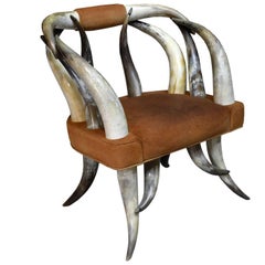 Rustikaler amerikanischer Long-Horn-Stier-Stuhl mit Ledersitz, ca. 1960er Jahre