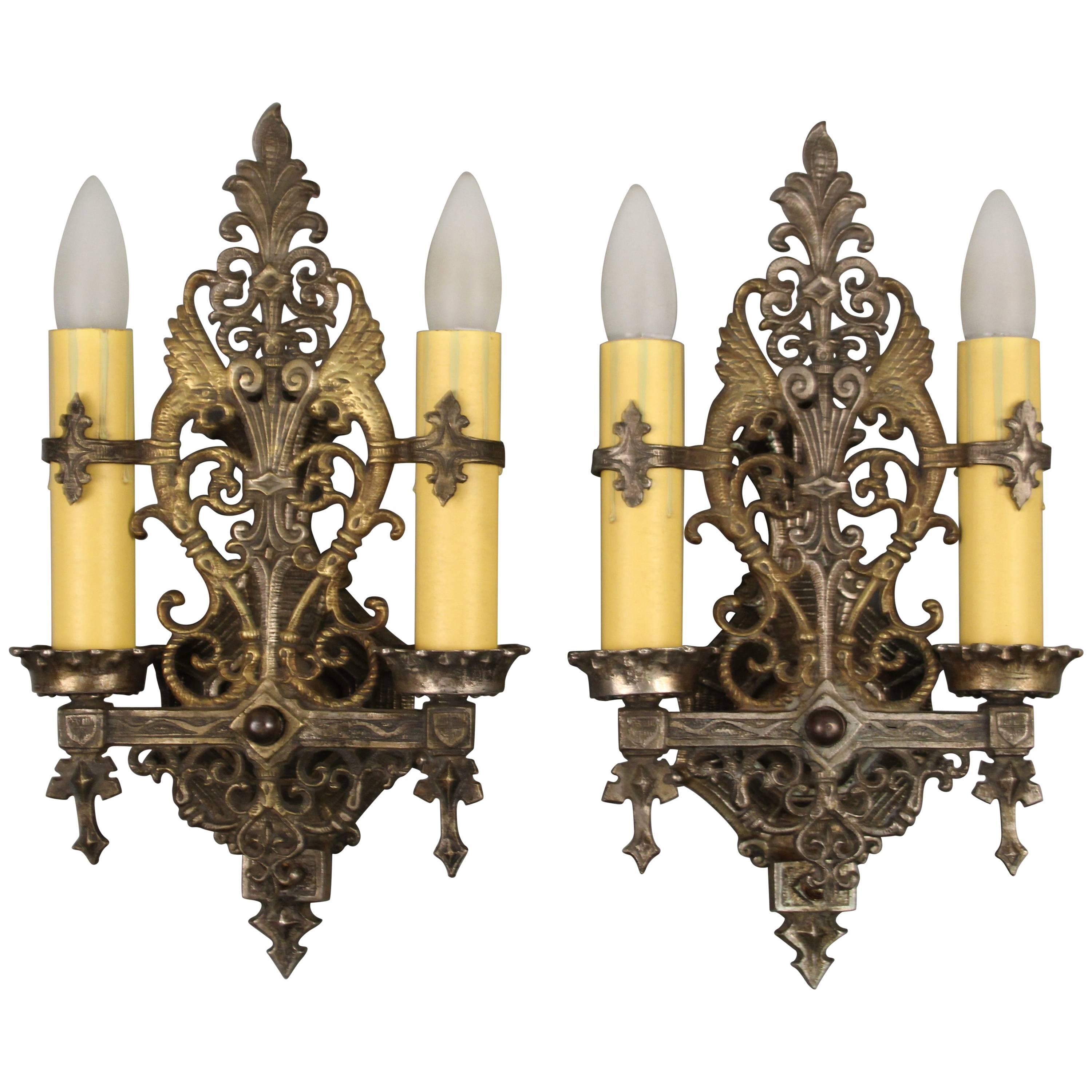 Antique Pair of 1920s Double Sconces with Dragon Motif and Original Finish