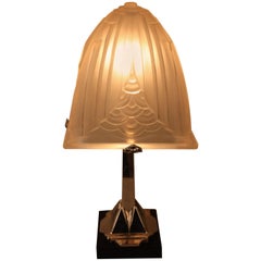 French Art Deco Glass with Nickel Base Table Lamp by Charles Schneider