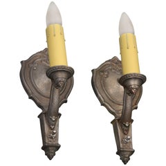 Antique Pair of 1920s Silver Toned Single Light Sconces with Original Finish