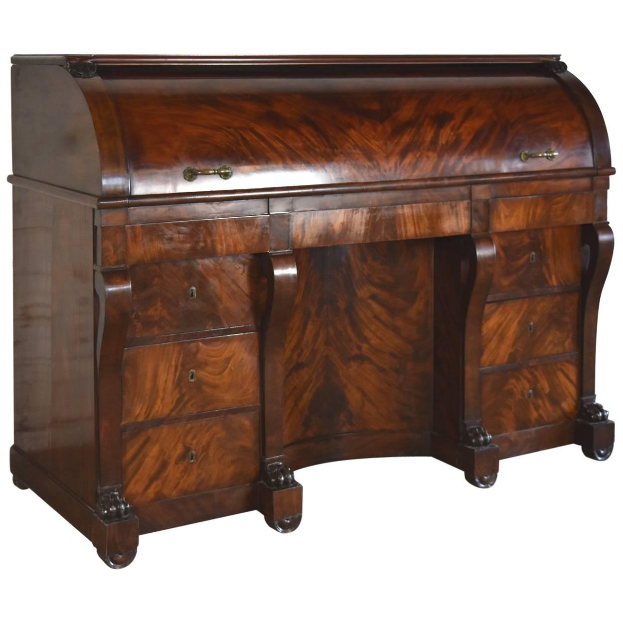 Large French Neoclassical Mahogany Roll-Top Desk