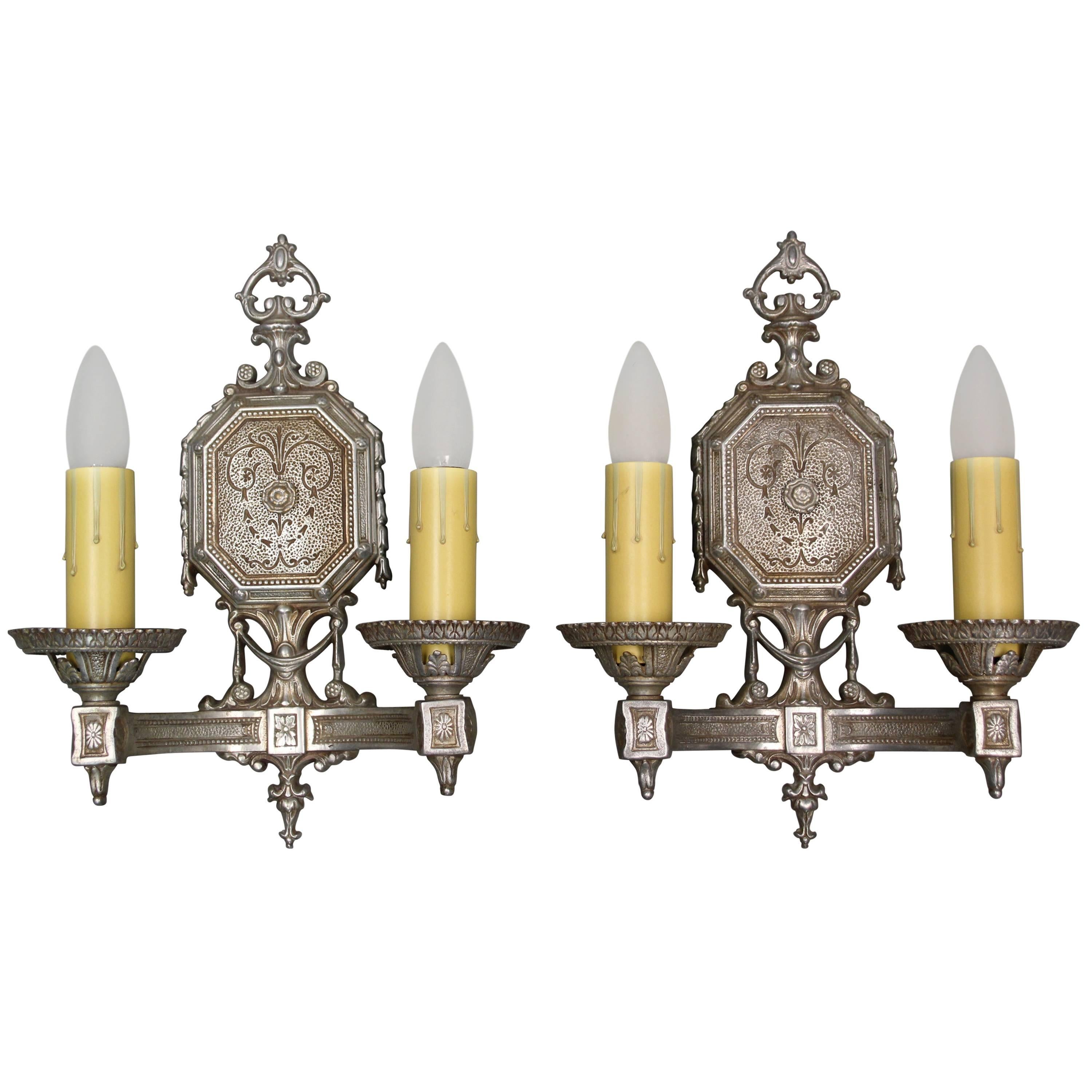 Pair of Spanish Revival 1920s Silver Toned Double Sconces with Original Finish