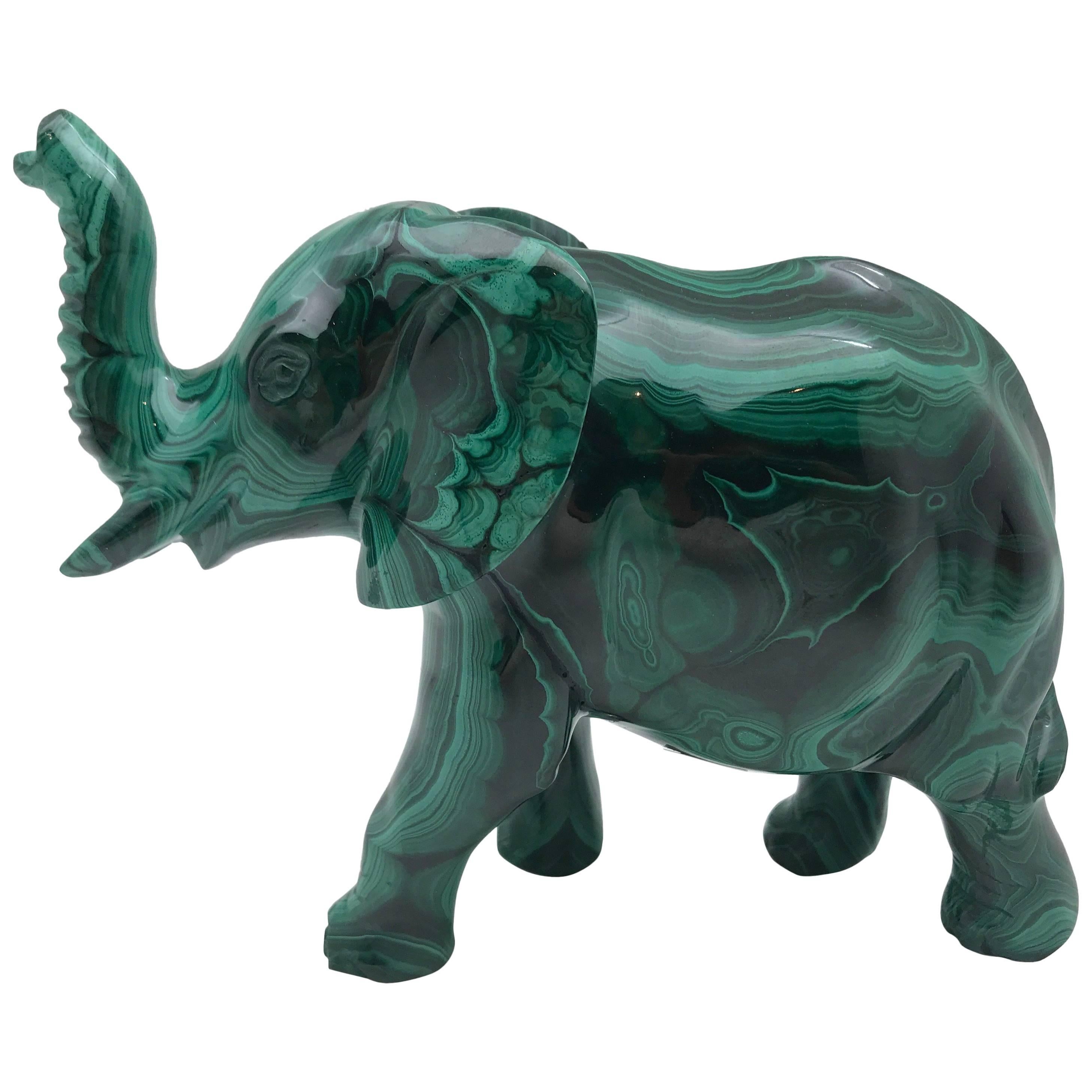 Large Malachite Elephant, Carved in India