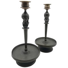 19th Century Pair of French Bronze Candle Sticks with the Head of Minerva