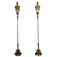 Pair of Antique 1920s Tall Torchieres with Marble Bases Attributed to Oscar Bach