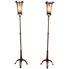 Antique Pair of 1920s Spanish Revival Torchieres with Dragon Motif Attributed Oscar Bach