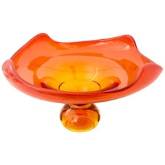 Vintage Mid-Century Modern Tangerine Blown Glass Four Point Footed Pedestal Center Bowl
