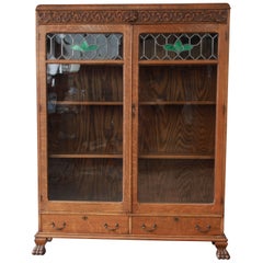 Antique Carved Oak Bookcase with Leaded Stained Glass Doors, circa 1900