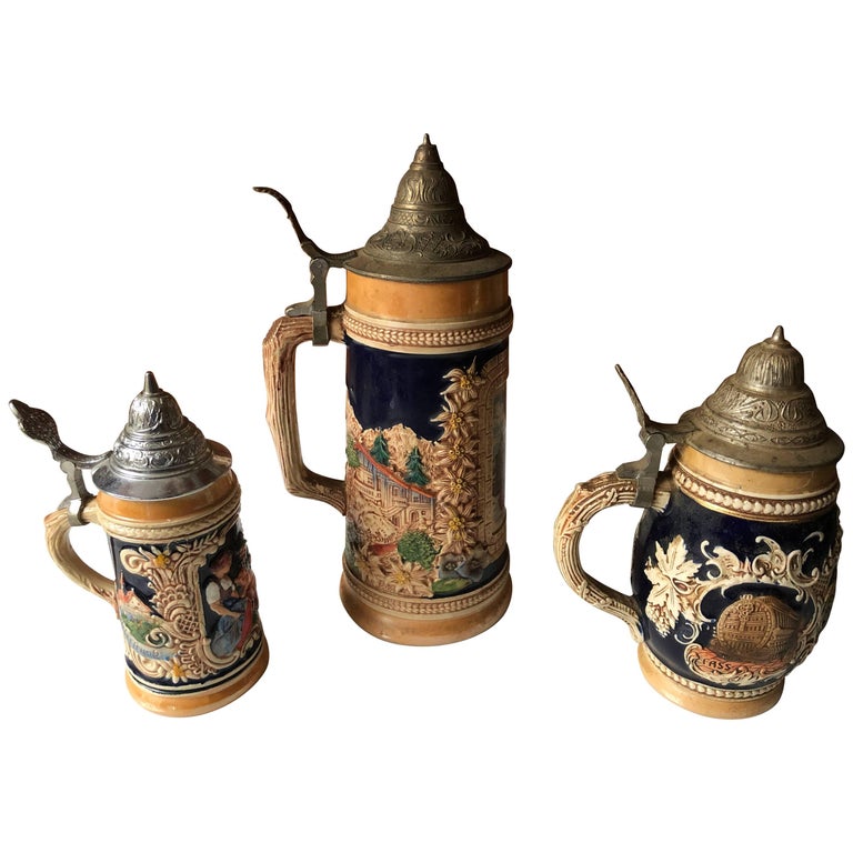 Set of Three Vintage German Beer Steins For Sale at 1stDibs