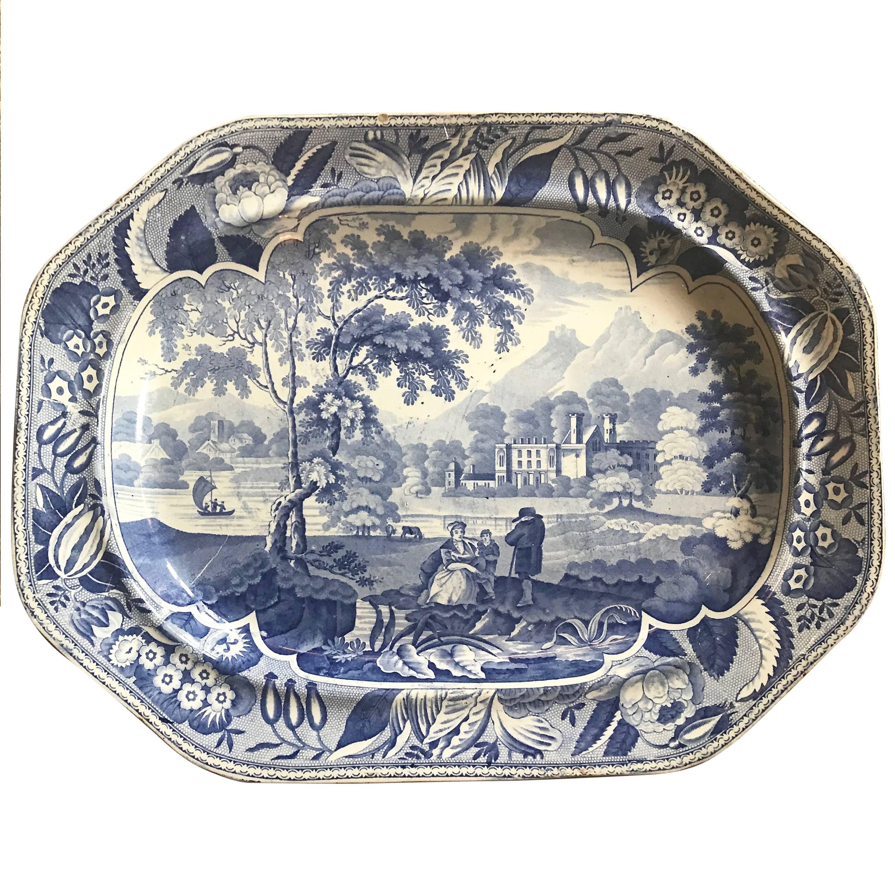 19th Century English Blue and White Transferware Platter For Sale