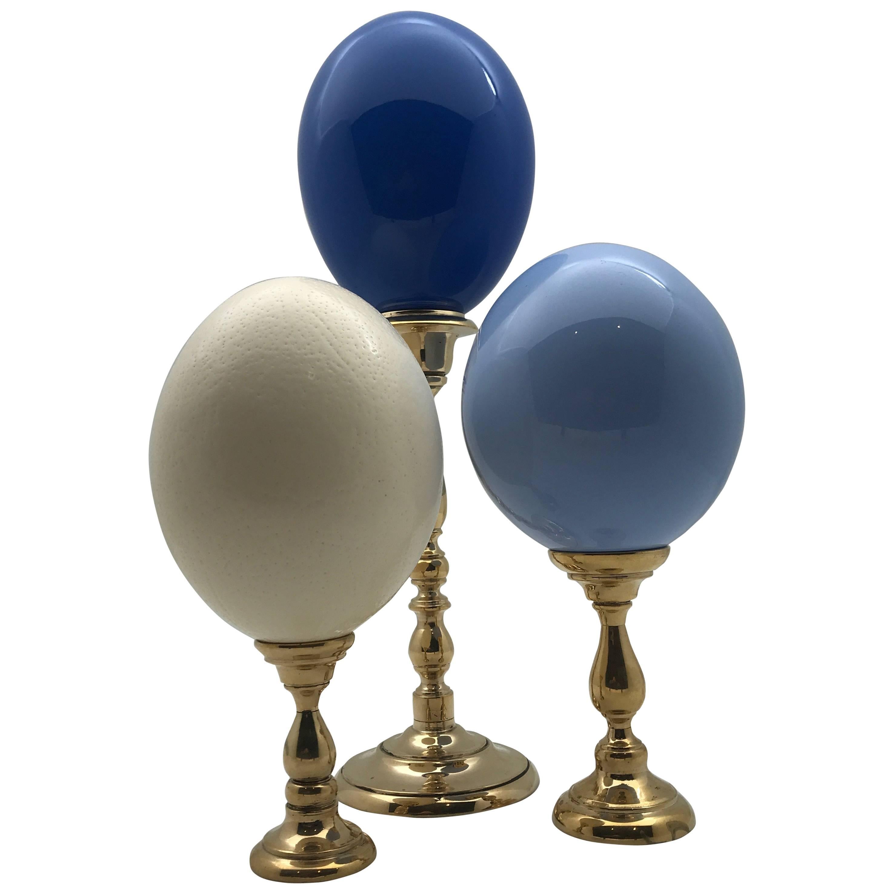 Lacquered and Natural Ostrich Eggs Mounted on Brass Bases