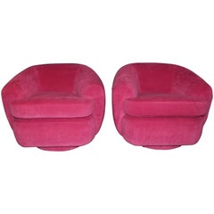 Vintage Pair of Club or Lounge Swivel Chairs in Hot Pink Wool Mohair